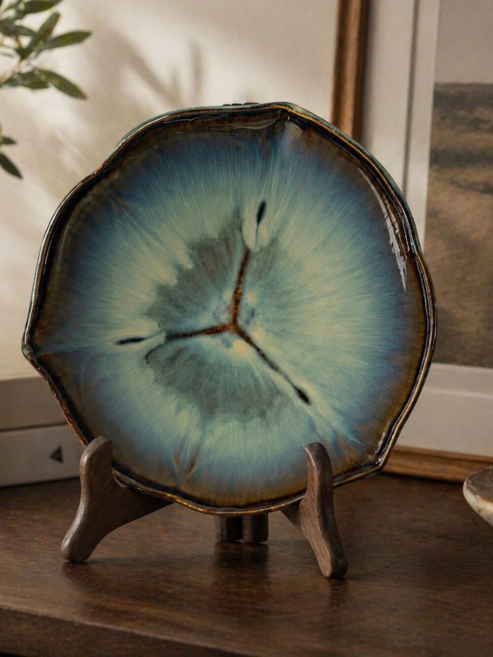 Bill Campbell VTG Art Pottery Blue Green Glazed Scalloped Lotus Bowl Signed